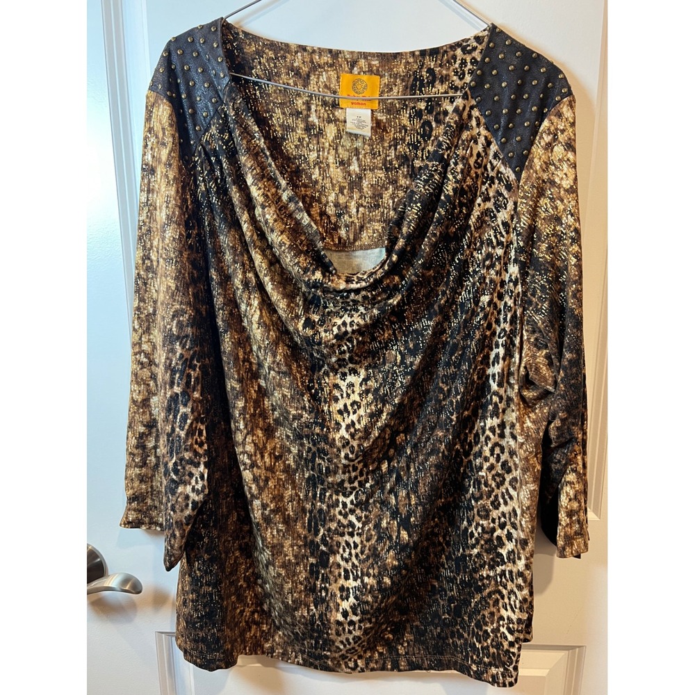 Ruby Rd Woman Womens Top Leopard Print Studded Gold Brown 1X